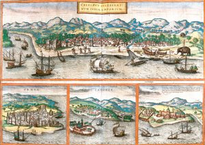 Näkymät Kozhikodeen tai Calicutiin (Intia), Ormuziin (Iran), Cannanoreen tai Kannuriin (Intia) ja St. George of the Mine (S. George) tai Elmina (Ghana) (etsaus tekijältä Franz Hogenberg