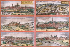 Näkymät Müncheniin (Monacum) Ingolstadt (Ingolstadion), Freising (Frisingensis), Nordlingen (Nordlinga), Regensburg (Ratispona) ja Straubing (Stravbinga), Saksa (etsaus) tekijältä Franz Hogenberg