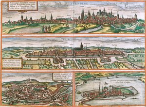 Näkymät Nürnbergiin (Nurnberga), Ulmiin (Ulma), Lindauhun (Lindolaan), Saksaan ja Salzburgiin (Salisburgensis) Itävallassa (etsaus tekijältä Franz Hogenberg