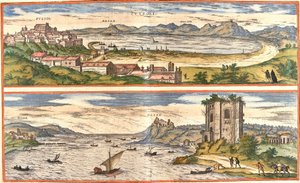Näkymät Pozzoliin (Puteoli) ja lahdille (Baiae) (nykyinen Baia), Italia, Napolinlahden lämpökylpylöiden muinaiset jäännökset ja linnoitus (etsaus) tekijältä Franz Hogenberg