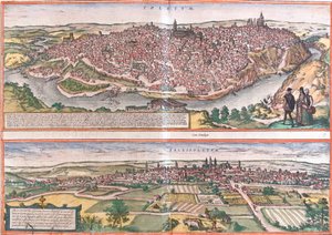 Näkymät Toledoon ja Valladolidiin (Vallisoletum), Espanja (etsaus tekijältä Franz Hogenberg