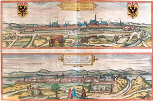 Näkymät Wieniin (Wien), Itävaltaan ja Budapestiin (Buda), Unkariin (etsaus tekijältä Franz Hogenberg