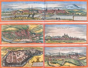 Näkymät Weimar (Weimaria), Iena, Erfurt (Erdfordia), Gotha ja Fulde (Fuldensis), Saksa (etsaus). tekijältä Franz Hogenberg