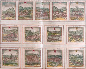 Näkymät Sveitsin valaliiton tärkeimmistä kaupungeista: Schwytz (Svicia), Zug (Tugium), Glaris (Glarona), Basel (Basel), Zürich (Tugurum), Bern (Ursina), Luzern (Lucerna), Uri (Ursella), Fribourg (Freegurgum), Solothurn (Soloturensis), Schaffhausen (kappeli tekijältä Franz Hogenberg