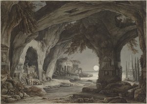 Ihanteellinen maisema kiviluolalla, hautoja ja raunioita kuunvalossa, c. 1790.