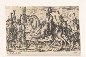 Sulttaani hevosen selässä sotilaiden seurassa tekijältä Franz Isaac Brun