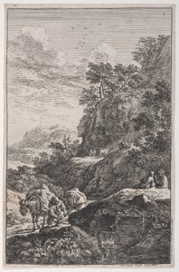 Levy 1: talonpoika tarkastamassa muulinsa kaviota virran äärellä, julkaisusta "Maisemat in t..., n. 1700-25.