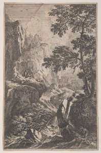 Levy 2: metsästäjä, joka tähtää aseella, polvistuu suuren kiven vieressä oikealla, ma..., n. 1700-25.