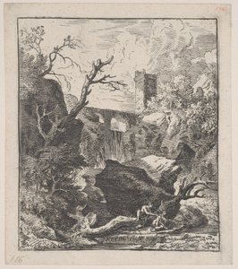 Levy 2: kaksi hahmoa istumassa puunrungolla virran rannalla etualalla,..., n. 1700-25.