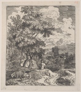 Levy 3: paimen istuu kukkulalla, lehmä ja kaksi lammasta vasemmalla ja kaupunki ri..., n. 1700-25.