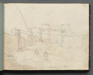 Albumi näkymistä Roomaan ja ympäristöön, Maisematutkimukset, sivu 06a: "Rome von der Porta St. Paolo" tekijältä Franz Johann Heinrich Nadorp