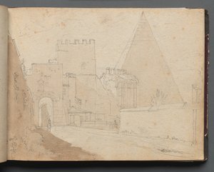 Albumi näkymistä Roomaan ja ympäristöön, Maisematutkimukset, sivu 08a: "Porta St. Paolo" tekijältä Franz Johann Heinrich Nadorp