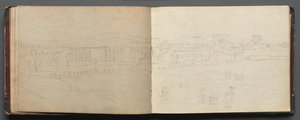 Albumi näkymistä Roomaan ja ympäristöön, Maisematutkimukset, sivut 08b ja 09 a: Panoraamanäkymä…. tekijältä Franz Johann Heinrich Nadorp