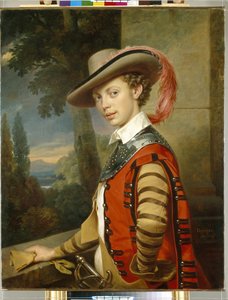Prinssi Nicolas Saltykovin muotokuva valepuvussa. (Prinssi Nikolai Saltykovin muotokuva komeassa mekossa). Franz Krugerin (1797-1857) maalaus öljy kankaalle