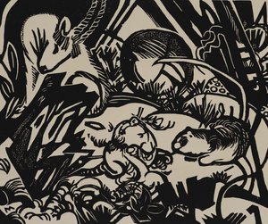 Eläinlegenda (puupiirros) tekijältä Franz Marc