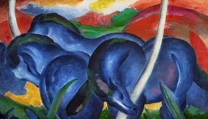 Isot siniset hevoset, Franz Marc (1880-1916), öljy kankaalle tekijältä Franz Marc