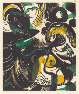 Genesis II (Schopfungsgeschichte II), 1914 (puupiirros keltaisella, mustalla ja vihreällä). tekijältä Franz Marc