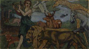 Orfeus eläinten seurassa, gobeliinin luonnos tekijältä Franz Marc