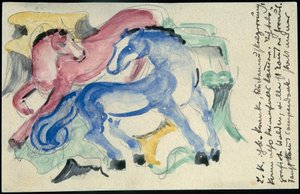 "Punainen ja sininen hevonen", Franz Marc Sindelsdorfista Wassily Kandinskylle Münchenissä: postikortti, postileima 5.4.1913 tekijältä Franz Marc