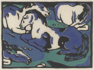 Ruhende Pferde (Lepäävät hevoset), 1911-1912, painettu 1916 (puupiirros mustalla, sinisellä ja vihreällä japanilaiselle paperille) tekijältä Franz Marc