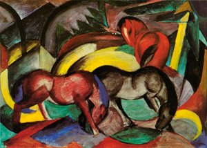 Kolme hevosta, 1912 (sekoitetut materiaalit paperille) tekijältä Franz Marc