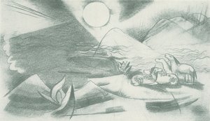 Koskematon maisema, jossa aurinko, vuoret, hevosryhmä tekijältä Franz Marc