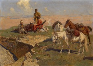 Kaukasialaiset ratsastajat levossa, 1917 tekijältä Franz Roubaud