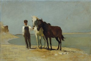 Poika hevosten kanssa rannalla tekijältä Franz Rumpler