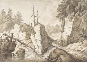 Sveitsin vuoristomaisema, jossa pieni silta puron yli, 1751-81 tekijältä Franz Schutz