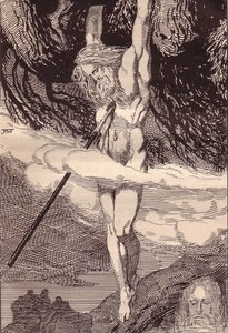 Odin roikkuu maailmanpuussa. Kuvitus The Edda: germaaniset jumalat ja sankarit Hans von Wo