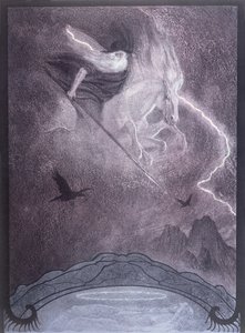 Odin, kuvitus Richard Wagnerin (1813-83) teokseen "Niebelungien sormus", n. 1914 (värilitho)