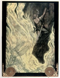 Siegfried ja Locke, kuvitus Richard Wagnerin (1813-83) teokseen "Niebelungien sormus", ennen vuotta 1914 (värilitho)
