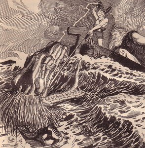 Thor ja Hymir kalastus. Hans von Wolzogenin kuvitus The Edda: germaaniset jumalat ja sankarit