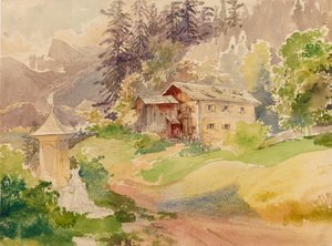 Alpine maisema maalaistalolla ja naisella pyhäkön edessä tekijältä Franz Steinfeld