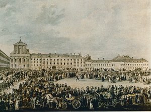 Ludwig van Beethovenin hautajaiskulkue vuonna 1827 Schwarzspanierhausista Alsergassen Pyhän Kolminaisuuden kirkkoon Wienissä (akvarelli). tekijältä Franz Stober
