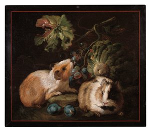Roomalainen mikromosaiikkipaneeli, jossa on kaksi marsua syömässä kaalia ja viinirypäleitä, 1800-25 tekijältä Franz Werner von Tamm