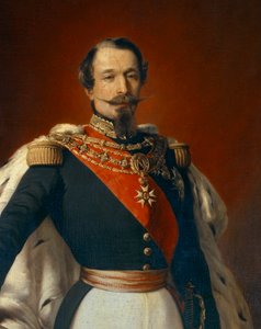 Napoleon III:n (1808-1873), Ranskan keisarin, muotokuva Chateau de Saint Cloud -näkymän edessä. Yksityiskohta Franz Xaver Winterhalterin (1806-1873) maalauksesta 1855 Dim. 2,4x1,5 m