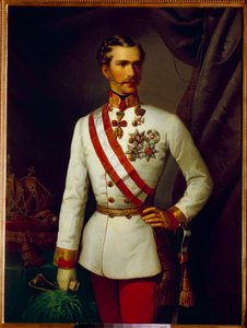 Itävallan Francois Josephin muotokuva oli 28-vuotias juhlapukussa (1830-1916). François Xaver Winterhalterin (1806-1873) maalaus tekijältä Franz Xaver Winterhalter