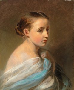Muotokuva tytöstä, pää ja hartiat, päällystetty sinivalkoiseen kääreeseen, n. 1850 tekijältä Franz Xaver Winterhalter