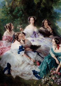 Impress Eugenie (1826-1920) vuonna 1855 ympäröi Detail Palacen kunnianaiset, jotka edustavat Esslingin prinsessaa, Stonesin paronitarta, varakreivitar Lezay-Marnesiaa, keisaria huipulla valkoisena ja Montebellon markiisita. the tekijältä Franz Xaver Winterhalter