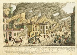 Näkymä New Yorkista vuoden 1776 suuren tulipalon aikana; Representation du Fue Terrible Nouvelle Yorkissa, 1780