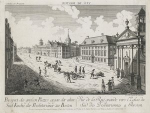 Vue d’Optique/Prospect des grossen Plazes gegen der Alten Sud Kirche der Presbiterianer zu Boston (optinen näkymä/näkymä suurille aukioille kohti Bostonin vanhaa eteläpresbyterian kirkkoa), n. 1776 (etsaus ja kaiverrus, värittämätön paperille)