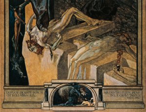 Itävalta, Wien, kuvitus Dante Alighierin jumalallisesta komediasta (Helvetti, laulu XXII), kirjoittanut Franz von Bayros, yksityiskohta