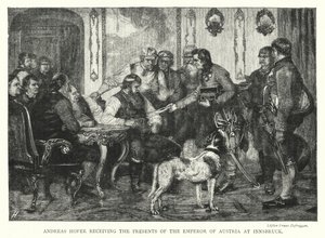 Andreas Hofer vastaanottamassa Itävallan keisarin lahjat Innsbruckissa (kaiverrus) tekijältä Franz von (after) Defregger