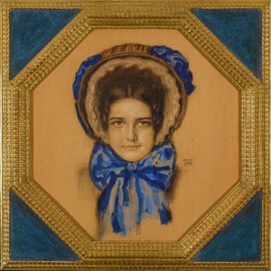 Marie avec un chapeau (tyyppi capot) - Tytär Mary, jolla on pussikontti - Franz-Ritter (Franz Ritter) von Stuck (1863-1928). Guassi, pastelli ja hiili pahville Mitat: 55x49,3 cm Yksityiskokoelma tekijältä Franz von Stuck