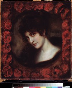 ""Naisen muotokuva"" (Naisen muotokuva) Nuori tumma tukkainen nainen, jonka kasvot kehystävät ruusuja. Franz Ritter von Stuckin (1863-1928) maalaus 1900-luvun alun Pushkin-museo, Moskova tekijältä Franz von Stuck