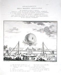 Ensimmäinen miehitetty kuumailmapallolento Italiassa, jonka teki Paolo Andreani (1763-1823) 1784, kaiverrus Girolamo Mantelli, julkaistu 1785 (kaiverrus) (katso myös 206819) tekijältä Fratelli Gerli (after)