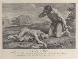 Adam polvistuu surussa Abelin ruumiin viereen, kun taas Kain pakenee taustalla, n. ..., n. 1729. tekijältä Frédéric Horthemels