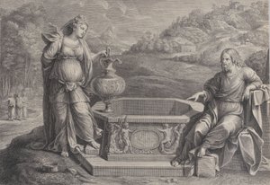 Kristus, istuu oikealla, ja samarialainen nainen, joka seisoo vasemmalla, n. 1729. tekijältä Frédéric Horthemels