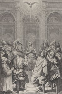 Helluntai, jossa apostolit ja Neitsyt istuvat ympyrässä, Pyhä Henki ap..., 1729-40. tekijältä Frédéric Horthemels